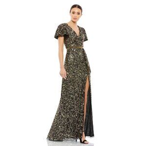 Mac Duggal 5540 Sequined Wrap Over Butterfly Sleeve Draped Gown Black Gold Sz 8